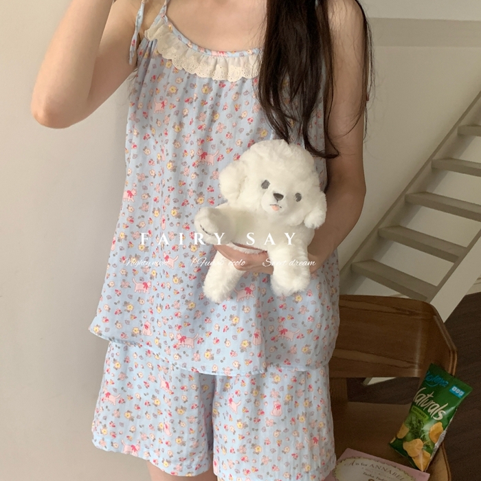 91家纺网 家纺一手货源 找家纺 妍景家居生活馆 2025新款纱布吊带套装 蓝底碎花