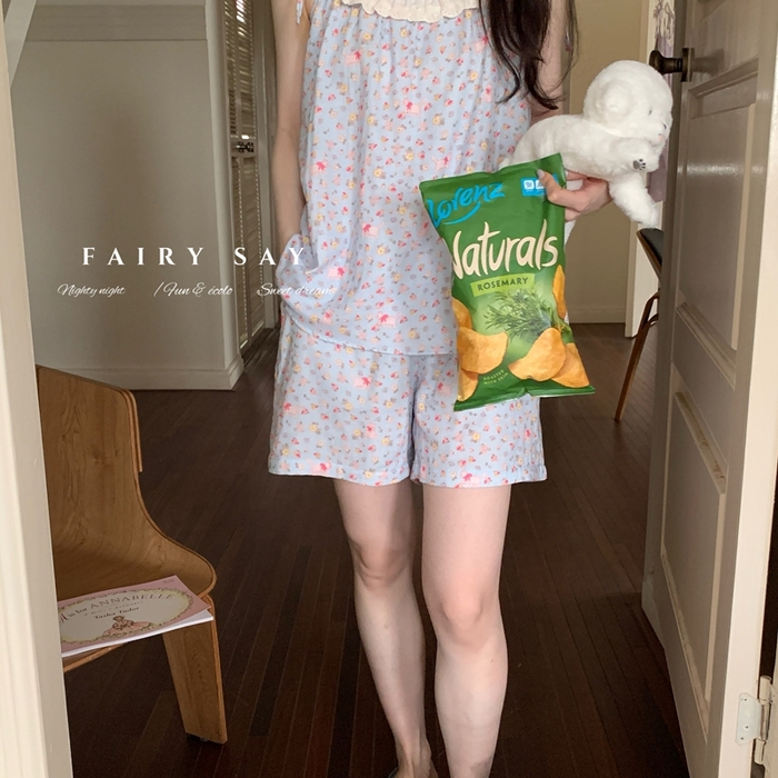 91家纺网 家纺一手货源 找家纺 妍景家居生活馆 2025新款纱布吊带套装 蓝底碎花