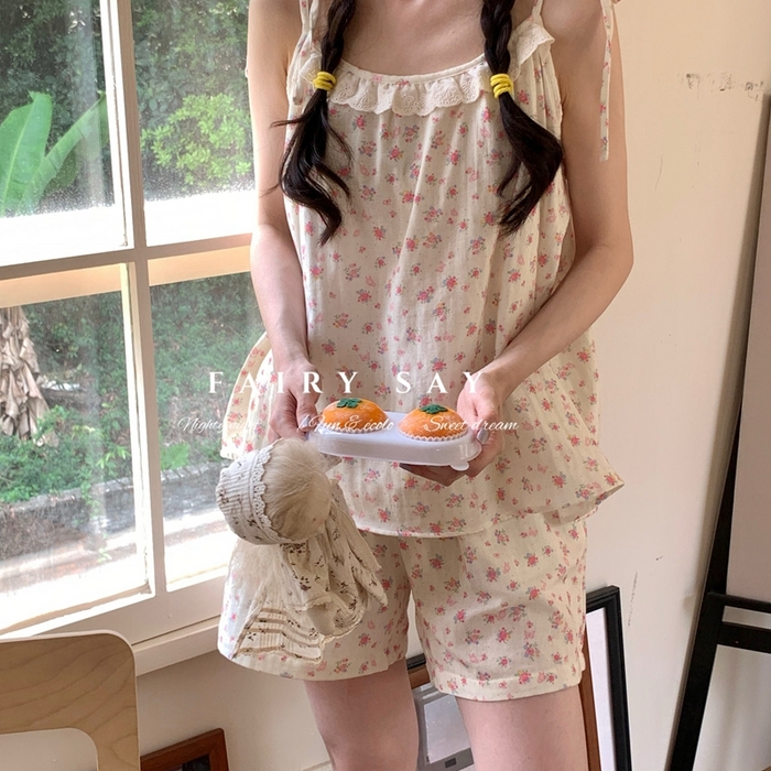 91家纺网 家纺一手货源 找家纺 妍景家居生活馆 2025新款纱布吊带套装 碎花蝴蝶