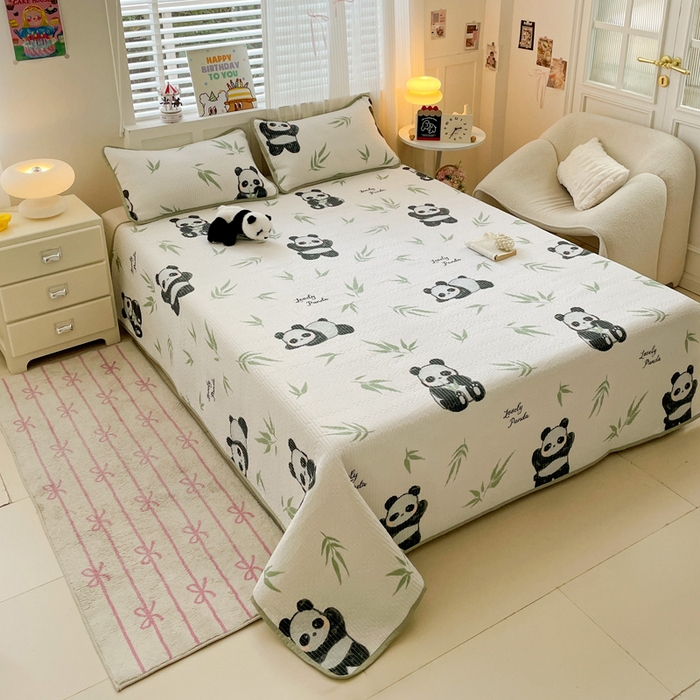 91家纺网 家纺一手货源 找家纺 富馨莱 2025春夏新款纯棉夹棉单床盖床盖单件薄床垫 熊猫团子