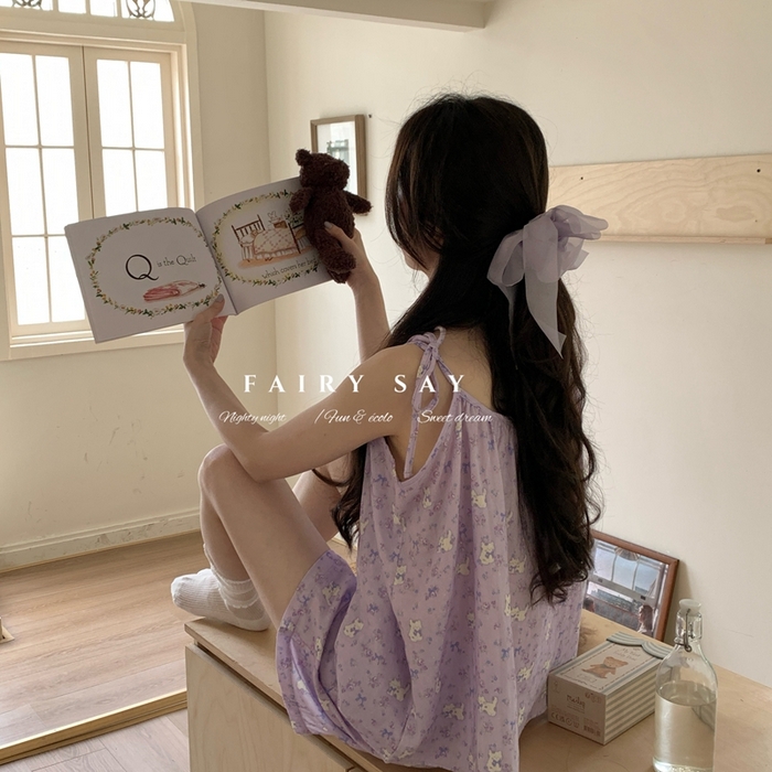 91家纺网 家纺一手货源 找家纺 妍景家居生活馆 2025新款纱布吊带套装 紫色蝴蝶结猫咪