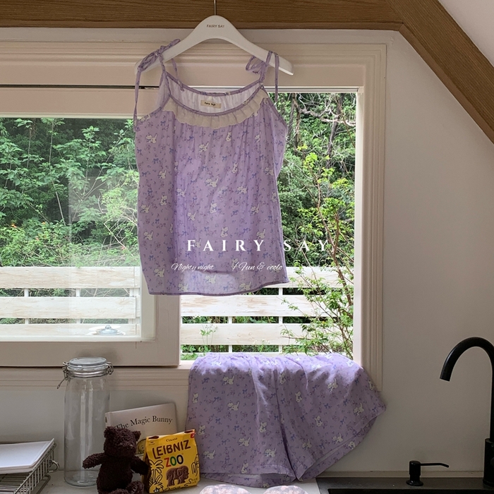 91家纺网 家纺一手货源 找家纺 妍景家居生活馆 2025新款纱布吊带套装 紫色蝴蝶结猫咪