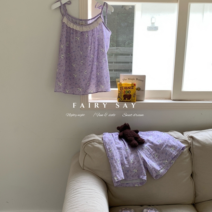 91家纺网 家纺一手货源 找家纺 妍景家居生活馆 2025新款纱布吊带套装 紫色蝴蝶结猫咪