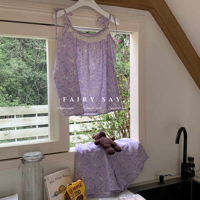 91家纺网 家纺一手货源 找家纺 妍景家居生活馆 2025新款纱布吊带套装 紫色蝴蝶结猫咪