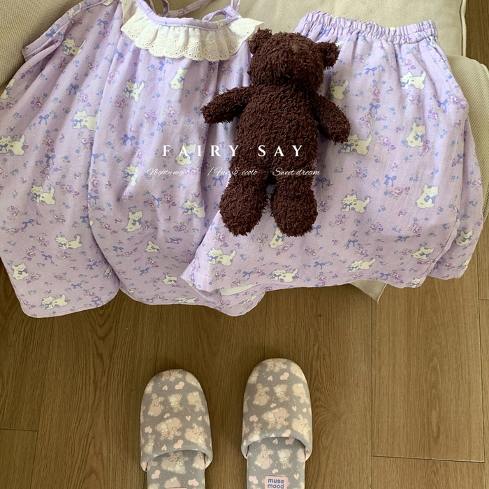 91家纺网 家纺一手货源 找家纺 妍景家居生活馆 2025新款纱布吊带套装 紫色蝴蝶结猫咪