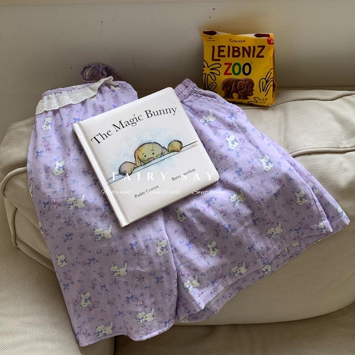 91家纺网 家纺一手货源 找家纺 妍景家居生活馆 2025新款纱布吊带套装 紫色蝴蝶结猫咪