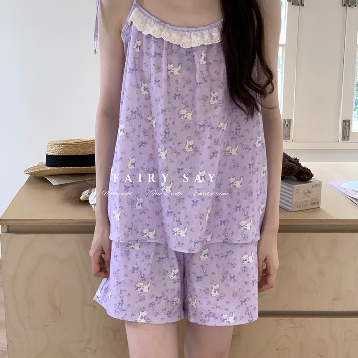 91家纺网 家纺一手货源 找家纺 妍景家居生活馆 2025新款纱布吊带套装 紫色蝴蝶结猫咪