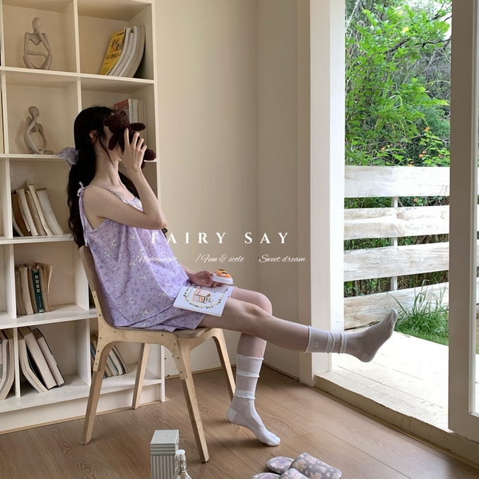 91家纺网 家纺一手货源 找家纺 妍景家居生活馆 2025新款纱布吊带套装 紫色蝴蝶结猫咪