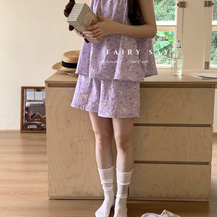 91家纺网 家纺一手货源 找家纺 妍景家居生活馆 2025新款纱布吊带套装 紫色蝴蝶结猫咪