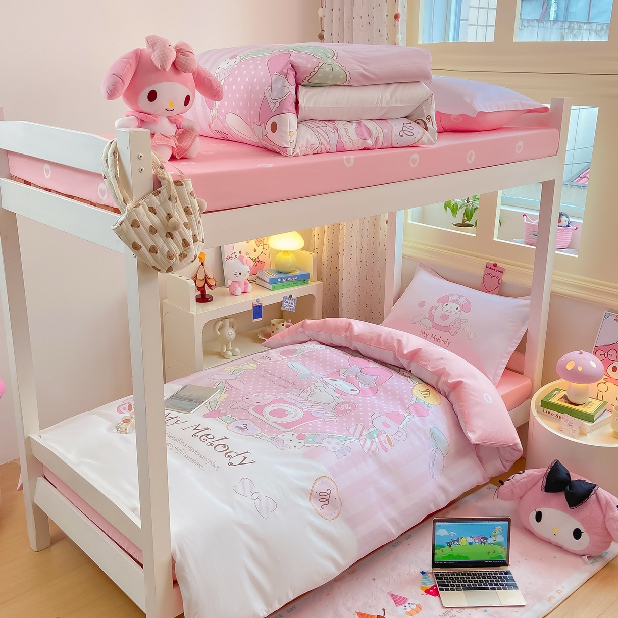 91家纺网 家纺一手货源 找家纺 博雅 2025春夏新款三丽鸥全棉纯棉卡通学生宿舍三件套上下铺三件套-大版【含防伪标】 魔法美乐蒂