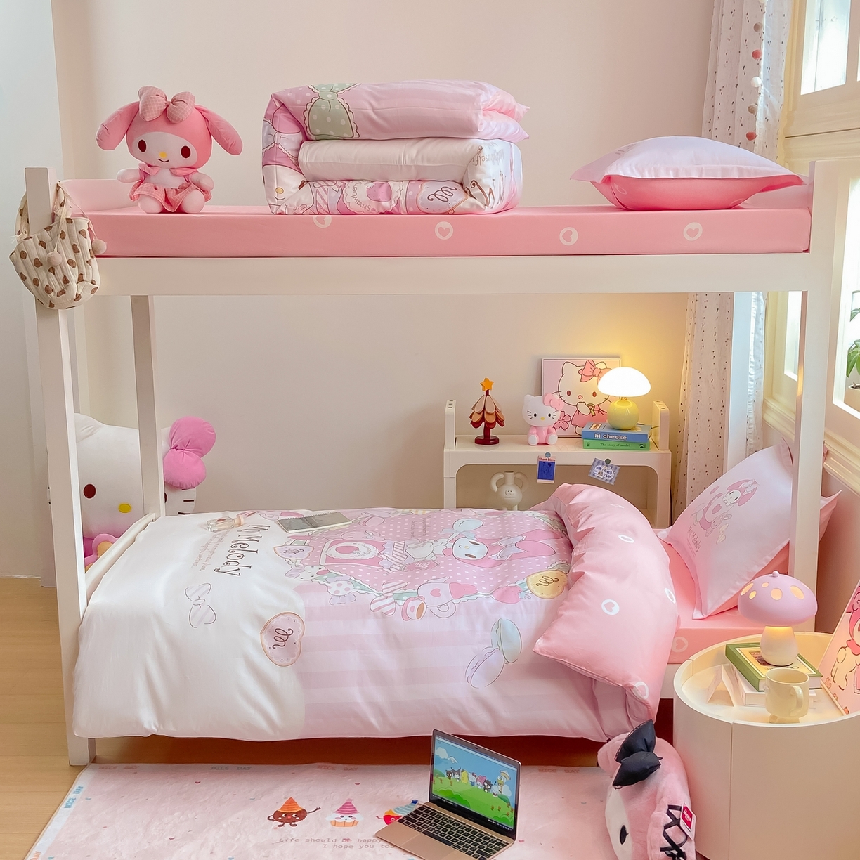 91家纺网 家纺一手货源 找家纺 博雅 2025春夏新款三丽鸥全棉纯棉卡通学生宿舍三件套上下铺三件套-大版【含防伪标】 魔法美乐蒂