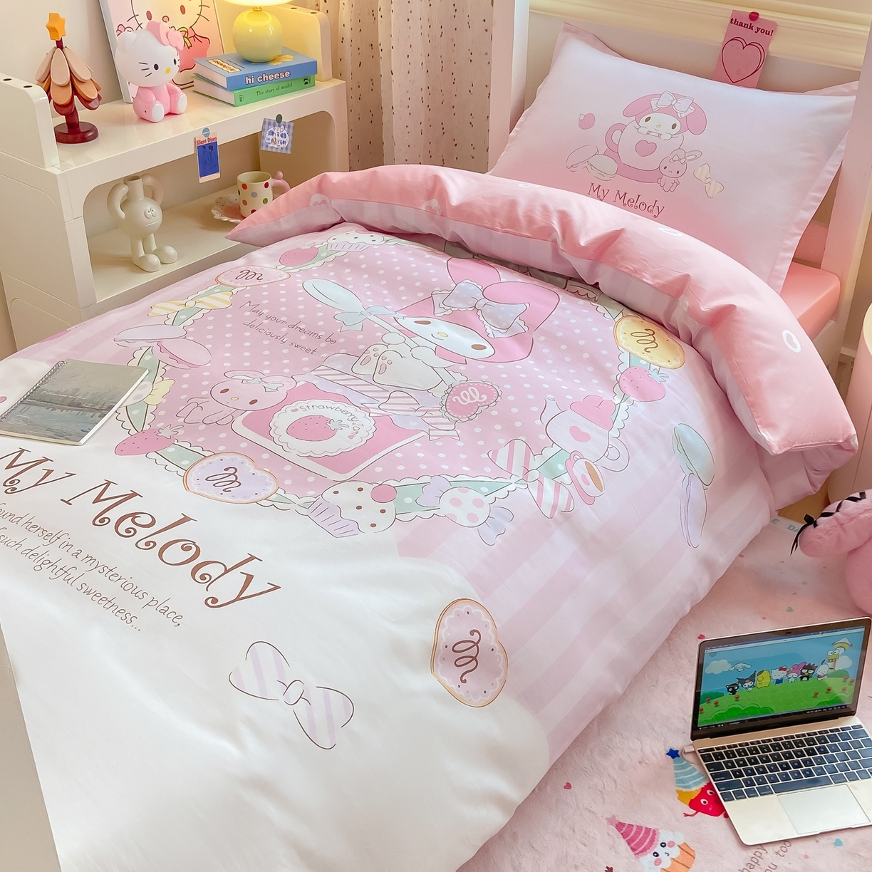 91家纺网 家纺一手货源 找家纺 博雅 2025春夏新款三丽鸥全棉纯棉卡通学生宿舍三件套上下铺三件套-大版【含防伪标】 魔法美乐蒂