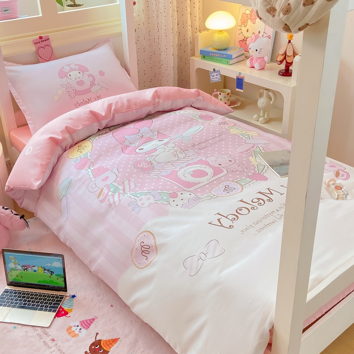 91家纺网 家纺一手货源 找家纺 博雅 2025春夏新款三丽鸥全棉纯棉卡通学生宿舍三件套上下铺三件套-大版【含防伪标】 魔法美乐蒂