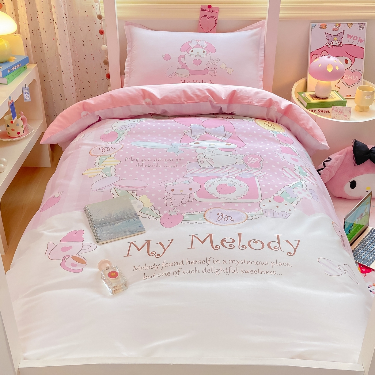 91家纺网 家纺一手货源 找家纺 博雅 2025春夏新款三丽鸥全棉纯棉卡通学生宿舍三件套上下铺三件套-大版【含防伪标】 魔法美乐蒂