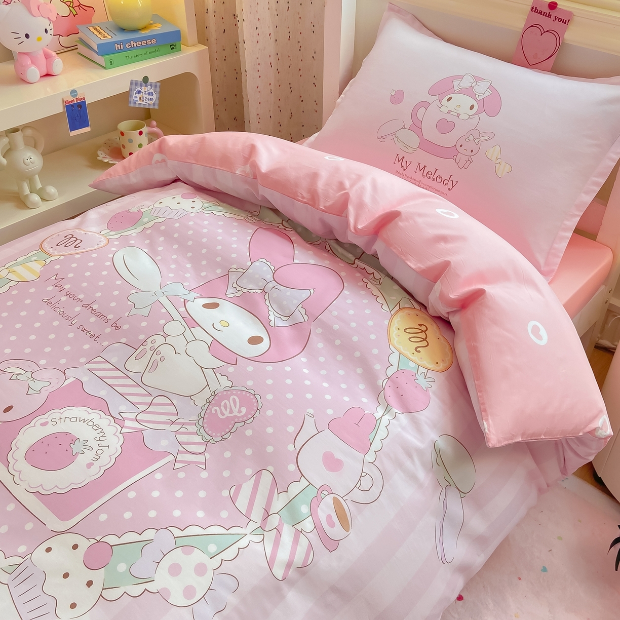 91家纺网 家纺一手货源 找家纺 博雅 2025春夏新款三丽鸥全棉纯棉卡通学生宿舍三件套上下铺三件套-大版【含防伪标】 魔法美乐蒂