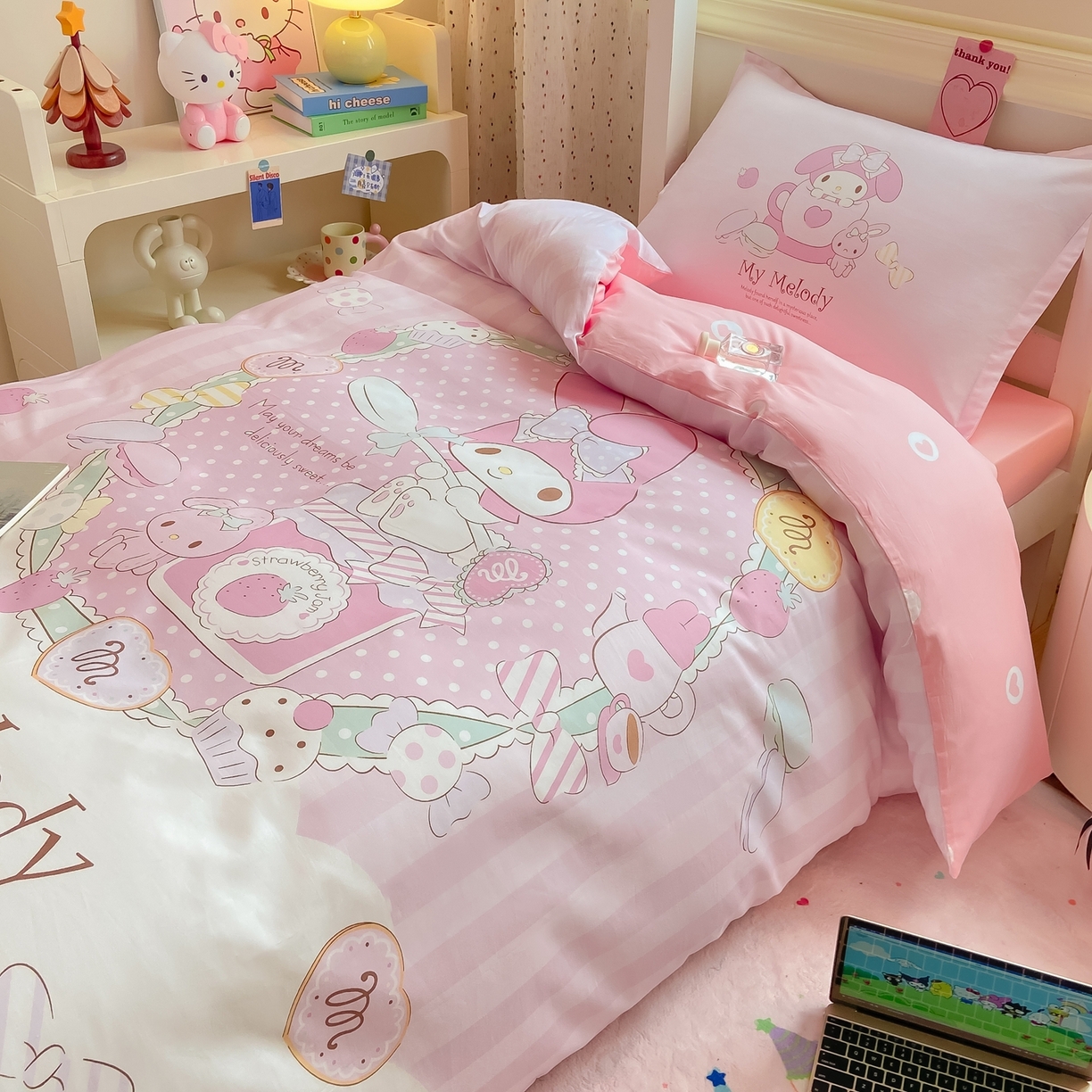 91家纺网 家纺一手货源 找家纺 博雅 2025春夏新款三丽鸥全棉纯棉卡通学生宿舍三件套上下铺三件套-大版【含防伪标】 魔法美乐蒂