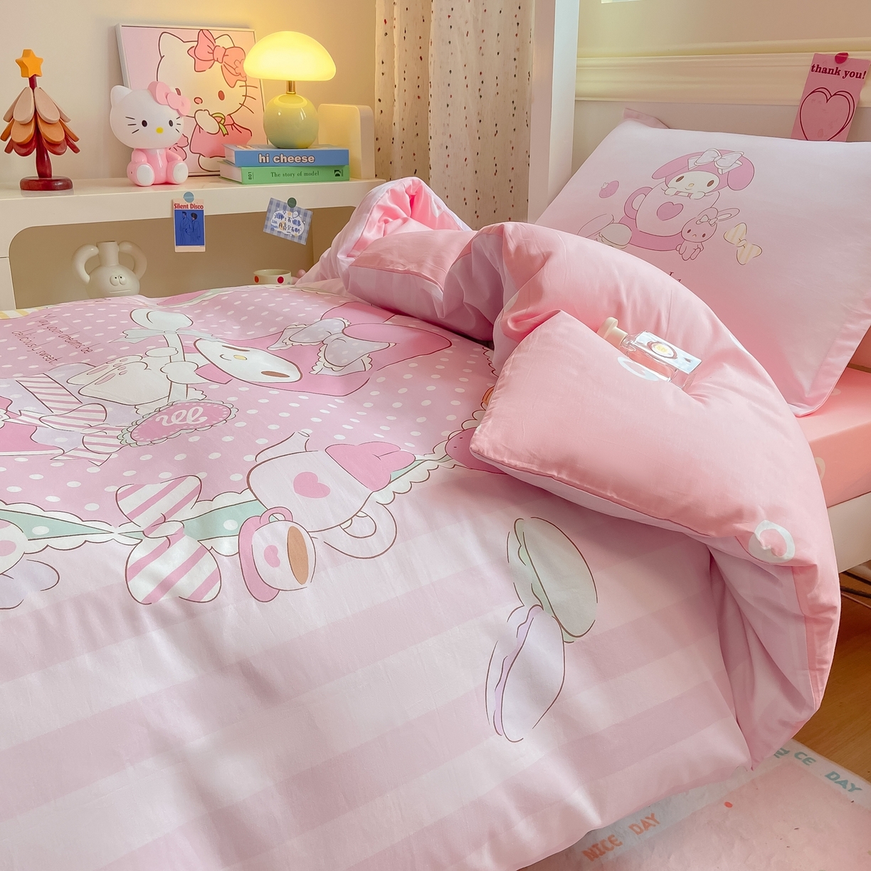 91家纺网 家纺一手货源 找家纺 博雅 2025春夏新款三丽鸥全棉纯棉卡通学生宿舍三件套上下铺三件套-大版【含防伪标】 魔法美乐蒂