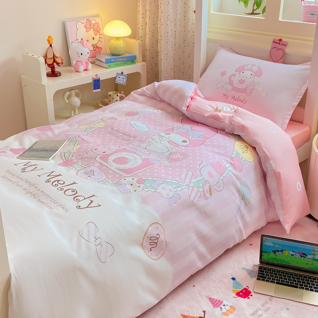 91家纺网 家纺一手货源 找家纺 博雅 2025春夏新款三丽鸥全棉纯棉卡通学生宿舍三件套上下铺三件套-大版【含防伪标】 魔法美乐蒂