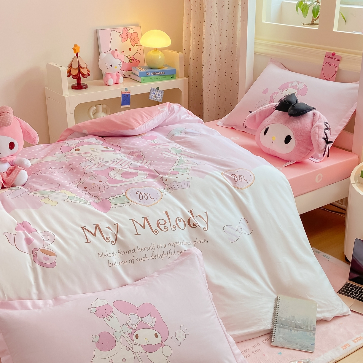 91家纺网 家纺一手货源 找家纺 博雅 2025春夏新款三丽鸥全棉纯棉卡通学生宿舍三件套上下铺三件套-大版【含防伪标】 魔法美乐蒂