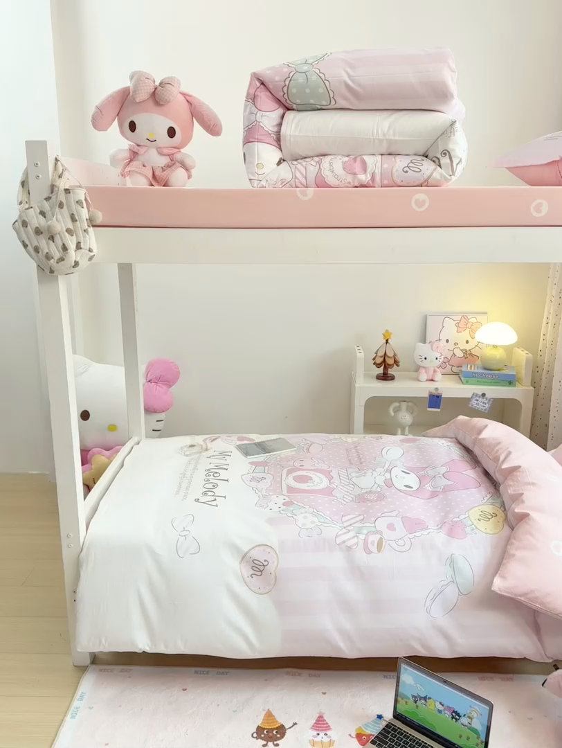 91家纺网 家纺一手货源 找家纺 博雅 2025春夏新款三丽鸥全棉纯棉卡通学生宿舍三件套上下铺三件套-大版【含防伪标】 魔法美乐蒂