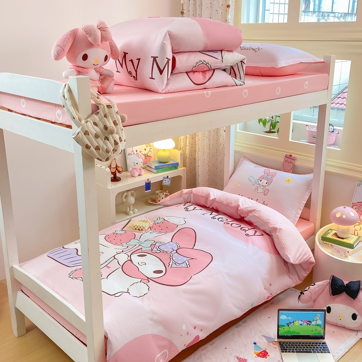 91家纺网 家纺一手货源 找家纺 博雅 2025春夏新款三丽鸥全棉纯棉卡通学生宿舍三件套上下铺三件套-大版【含防伪标】 蛋糕美乐蒂