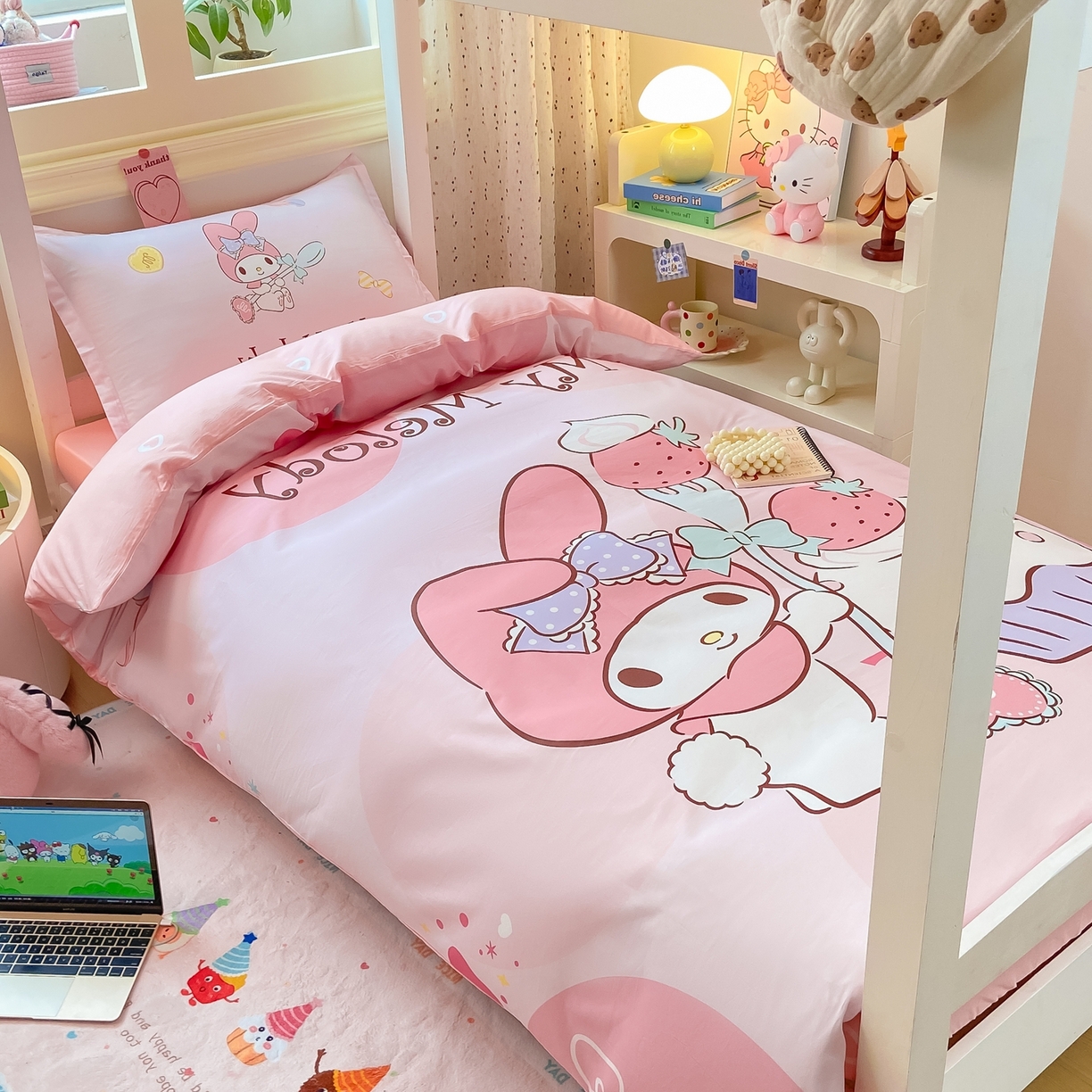 91家纺网 家纺一手货源 找家纺 博雅 2025春夏新款三丽鸥全棉纯棉卡通学生宿舍三件套上下铺三件套-大版【含防伪标】 蛋糕美乐蒂
