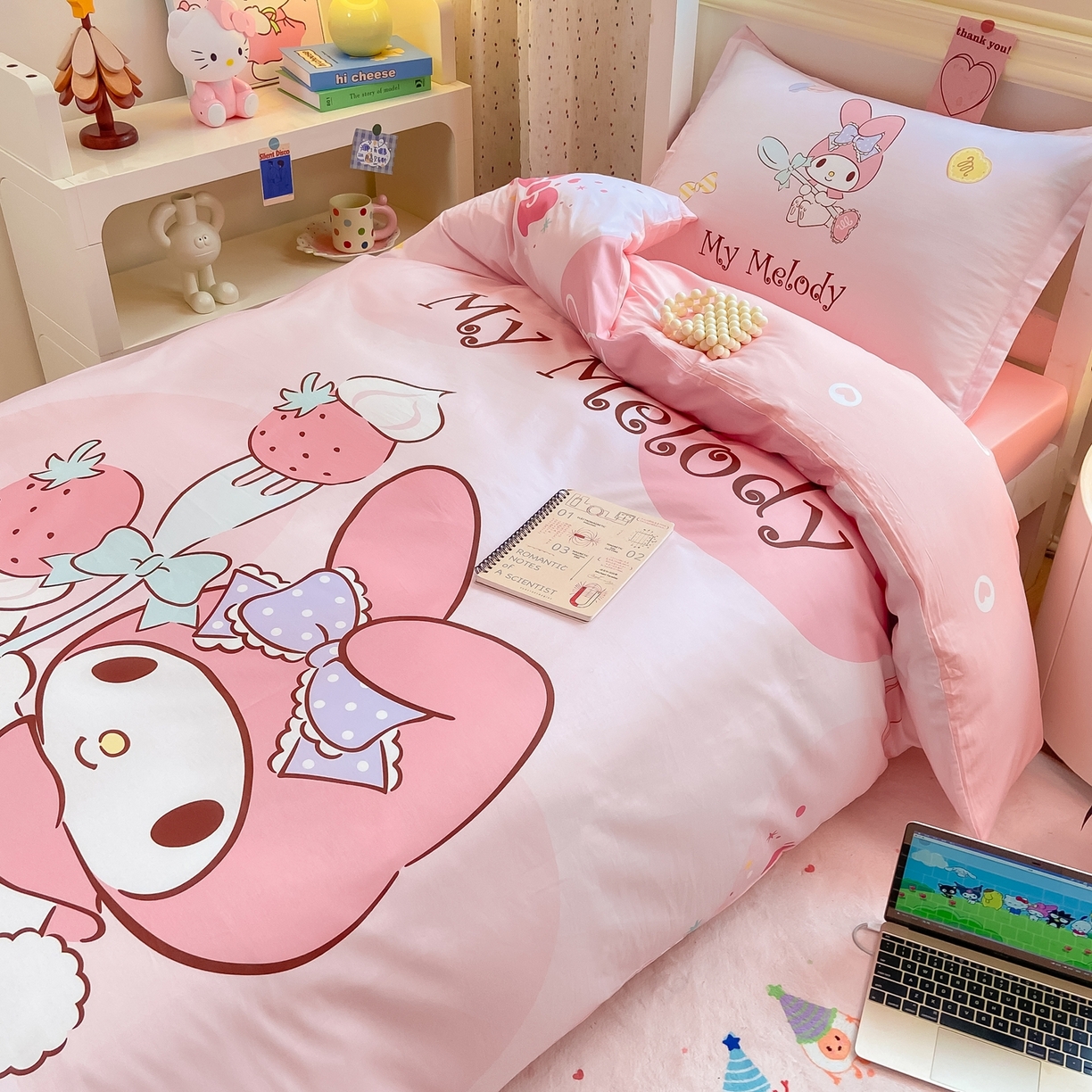 91家纺网 家纺一手货源 找家纺 博雅 2025春夏新款三丽鸥全棉纯棉卡通学生宿舍三件套上下铺三件套-大版【含防伪标】 蛋糕美乐蒂