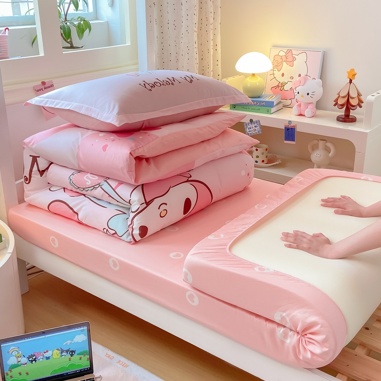 91家纺网 家纺一手货源 找家纺 博雅 2025春夏新款三丽鸥全棉纯棉卡通学生宿舍三件套上下铺三件套-大版【含防伪标】 蛋糕美乐蒂