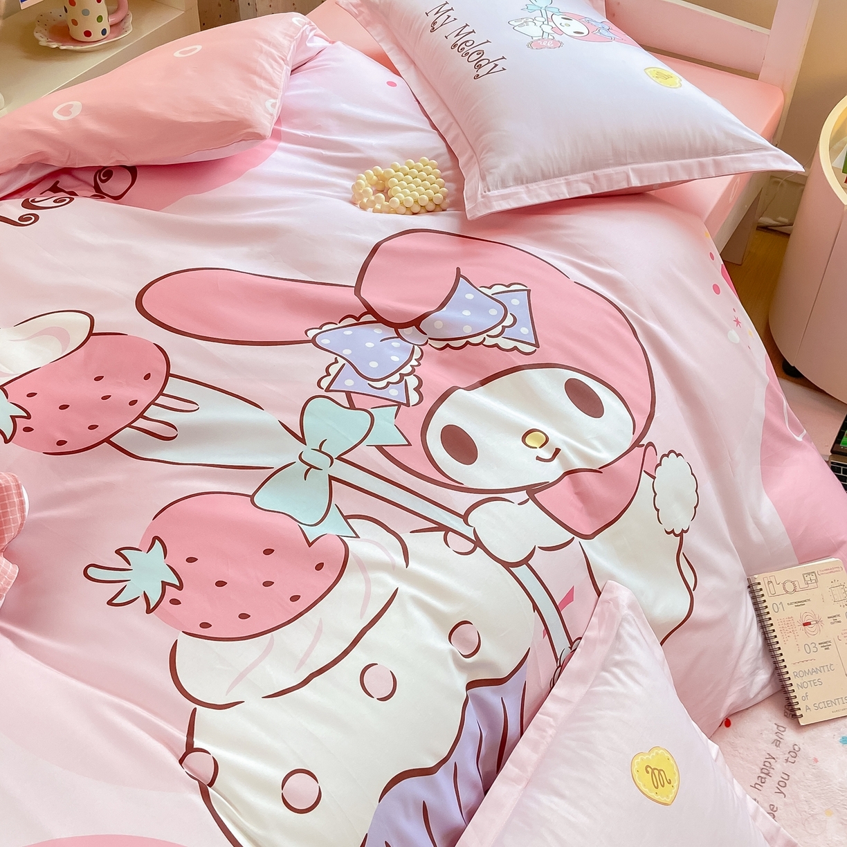 91家纺网 家纺一手货源 找家纺 博雅 2025春夏新款三丽鸥全棉纯棉卡通学生宿舍三件套上下铺三件套-大版【含防伪标】 蛋糕美乐蒂