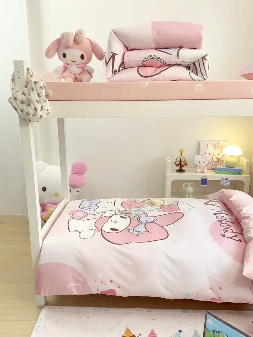 91家纺网 家纺一手货源 找家纺 博雅 2025春夏新款三丽鸥全棉纯棉卡通学生宿舍三件套上下铺三件套-大版【含防伪标】 蛋糕美乐蒂