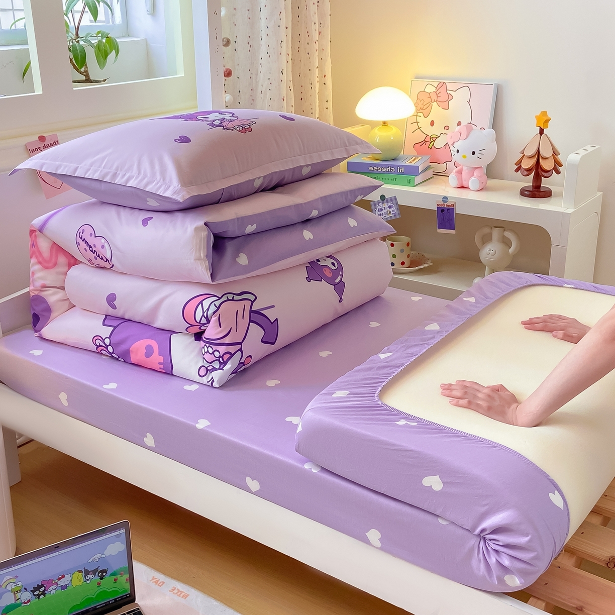 91家纺网 家纺一手货源 找家纺 博雅 2025春夏新款三丽鸥全棉纯棉卡通学生宿舍三件套上下铺三件套-大版【含防伪标】 礼盒库洛米