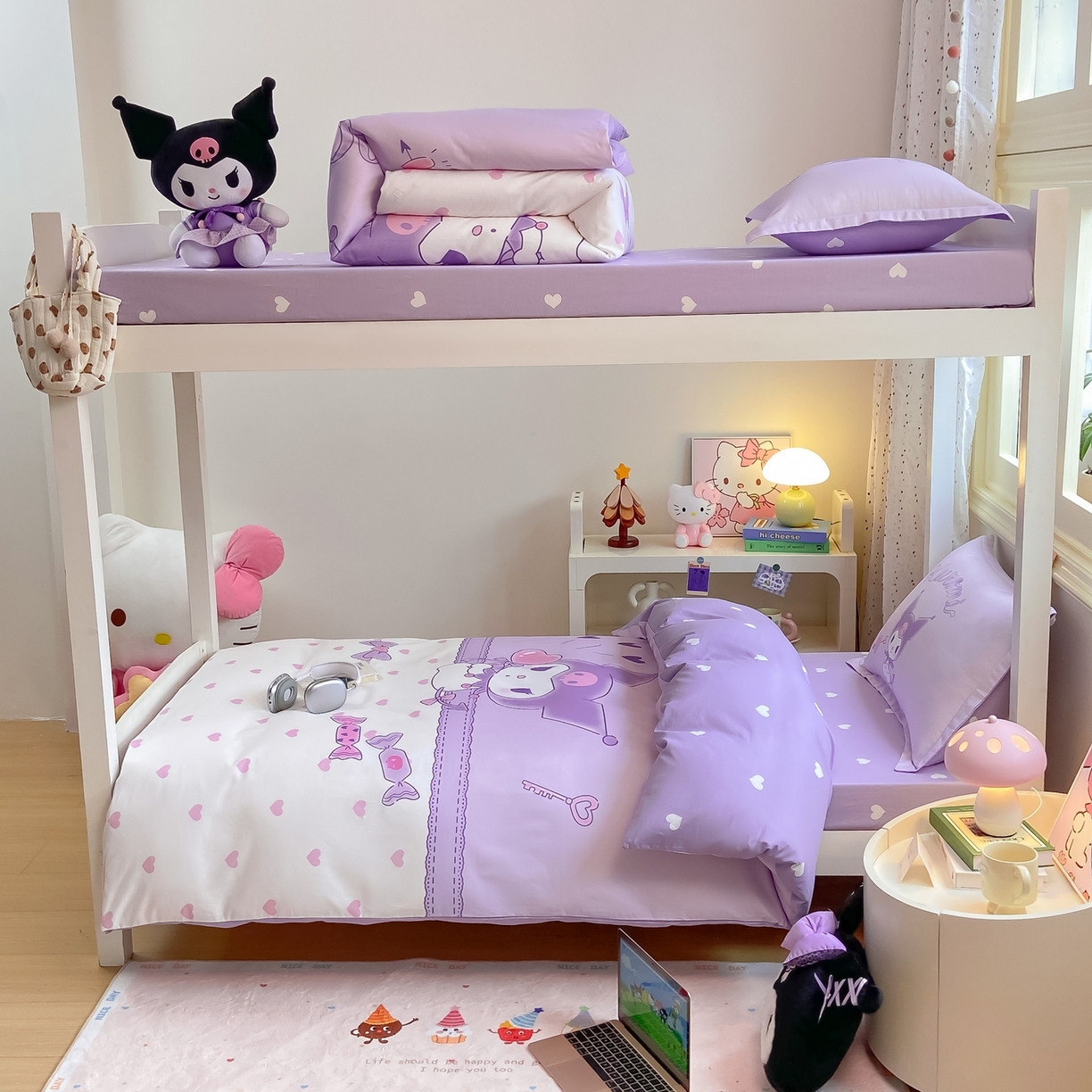 91家纺网 家纺一手货源 找家纺 博雅 2025春夏新款三丽鸥全棉纯棉卡通学生宿舍三件套上下铺三件套-大版【含防伪标】 气球库洛米