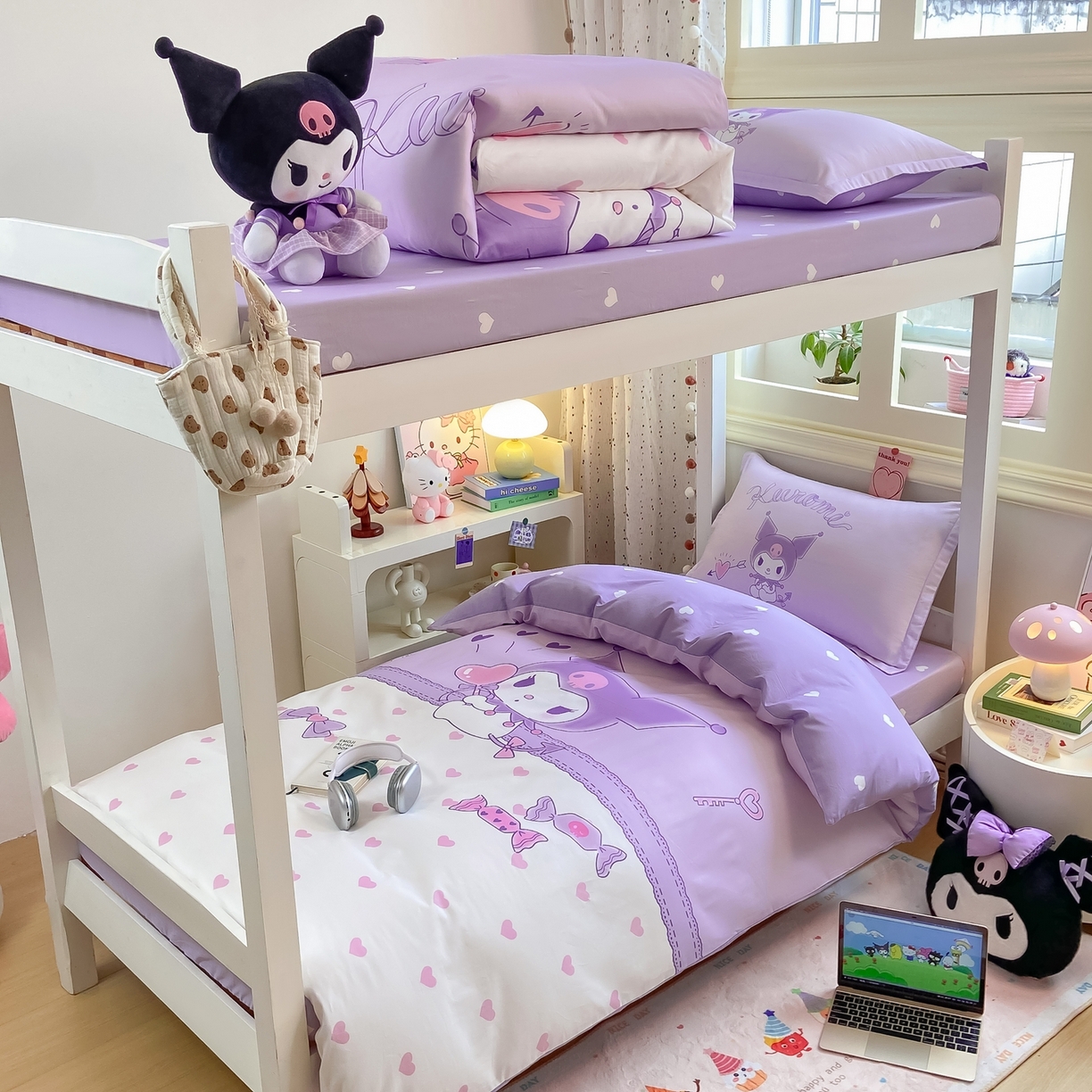 91家纺网 家纺一手货源 找家纺 博雅 2025春夏新款三丽鸥全棉纯棉卡通学生宿舍三件套上下铺三件套-大版【含防伪标】 气球库洛米