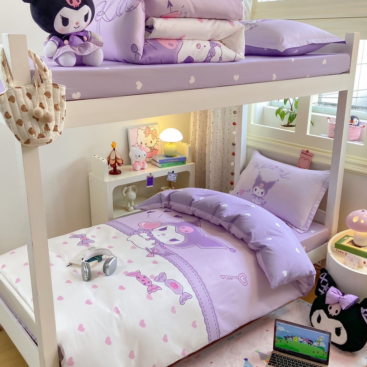 91家纺网 家纺一手货源 找家纺 博雅 2025春夏新款三丽鸥全棉纯棉卡通学生宿舍三件套上下铺三件套-大版【含防伪标】 气球库洛米