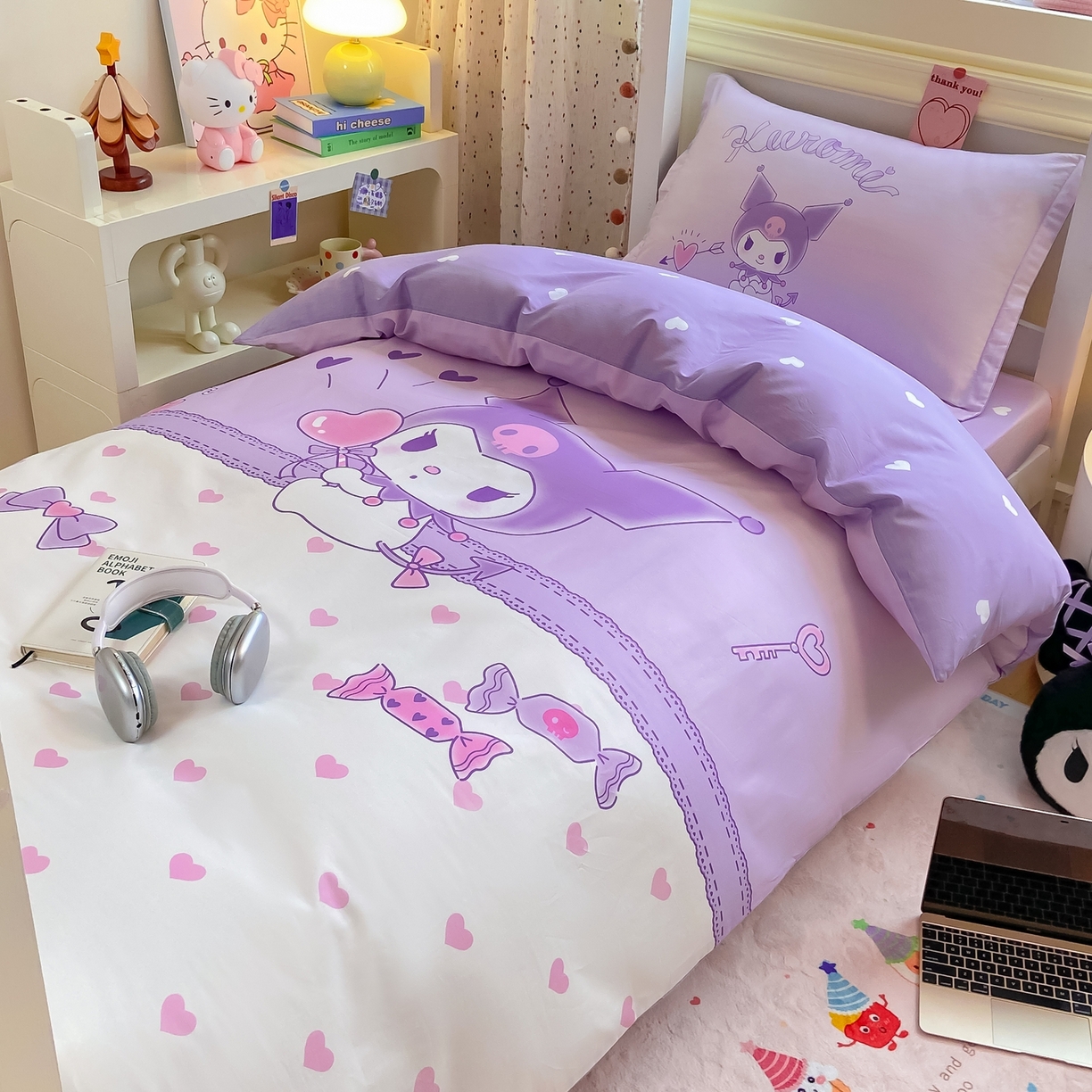 91家纺网 家纺一手货源 找家纺 博雅 2025春夏新款三丽鸥全棉纯棉卡通学生宿舍三件套上下铺三件套-大版【含防伪标】 气球库洛米