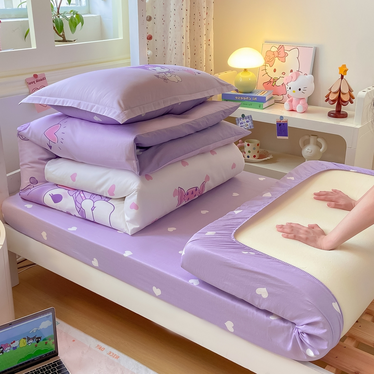 91家纺网 家纺一手货源 找家纺 博雅 2025春夏新款三丽鸥全棉纯棉卡通学生宿舍三件套上下铺三件套-大版【含防伪标】 气球库洛米