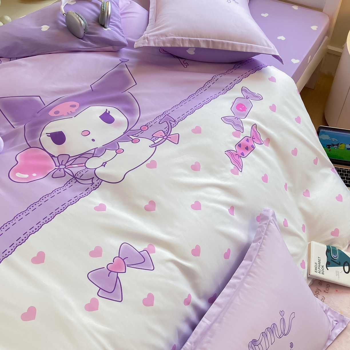 91家纺网 家纺一手货源 找家纺 博雅 2025春夏新款三丽鸥全棉纯棉卡通学生宿舍三件套上下铺三件套-大版【含防伪标】 气球库洛米