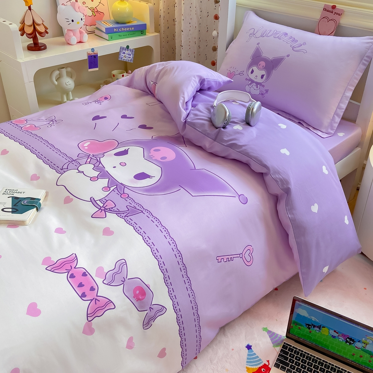 91家纺网 家纺一手货源 找家纺 博雅 2025春夏新款三丽鸥全棉纯棉卡通学生宿舍三件套上下铺三件套-大版【含防伪标】 气球库洛米