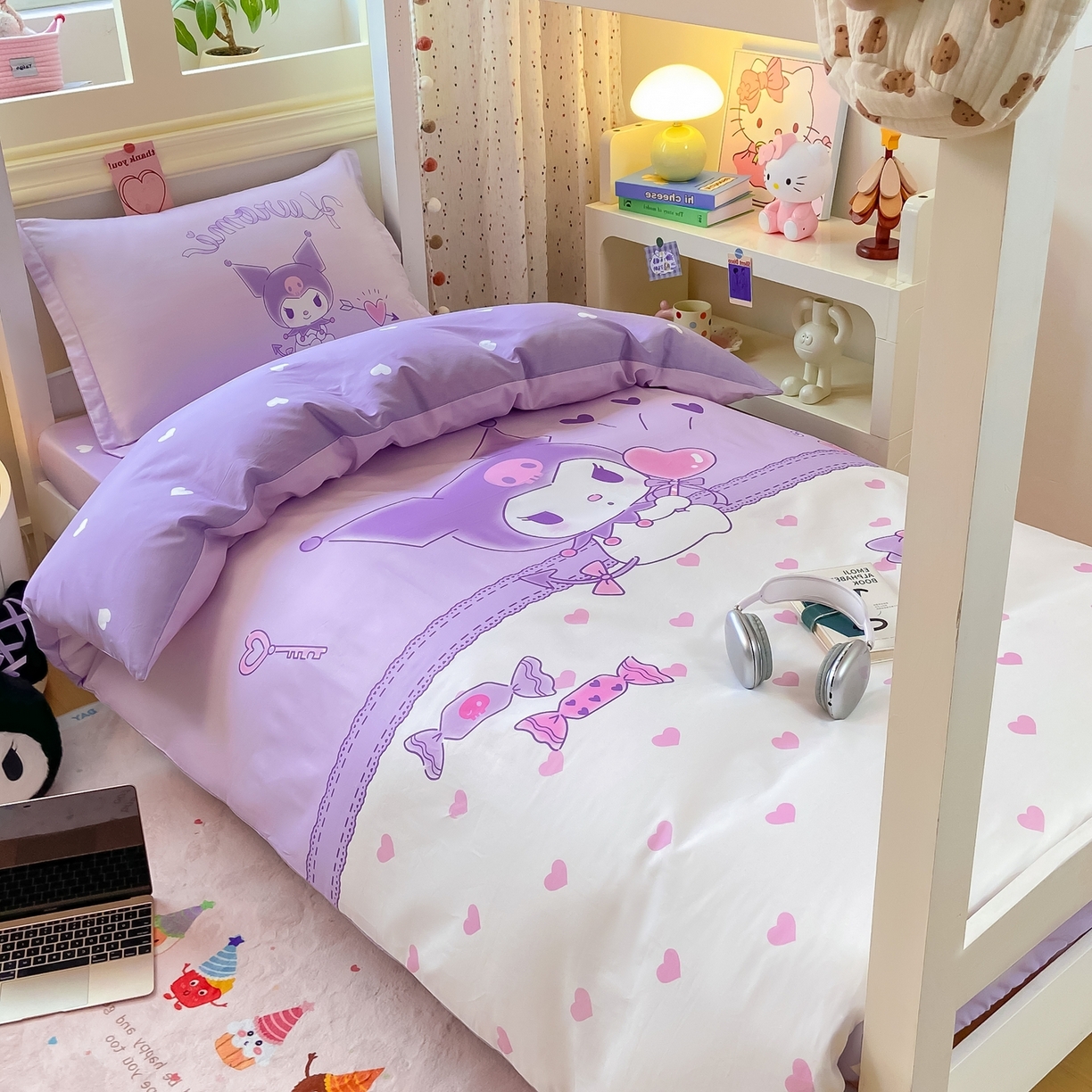 91家纺网 家纺一手货源 找家纺 博雅 2025春夏新款三丽鸥全棉纯棉卡通学生宿舍三件套上下铺三件套-大版【含防伪标】 气球库洛米