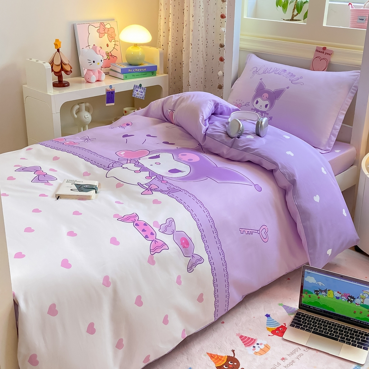 91家纺网 家纺一手货源 找家纺 博雅 2025春夏新款三丽鸥全棉纯棉卡通学生宿舍三件套上下铺三件套-大版【含防伪标】 气球库洛米