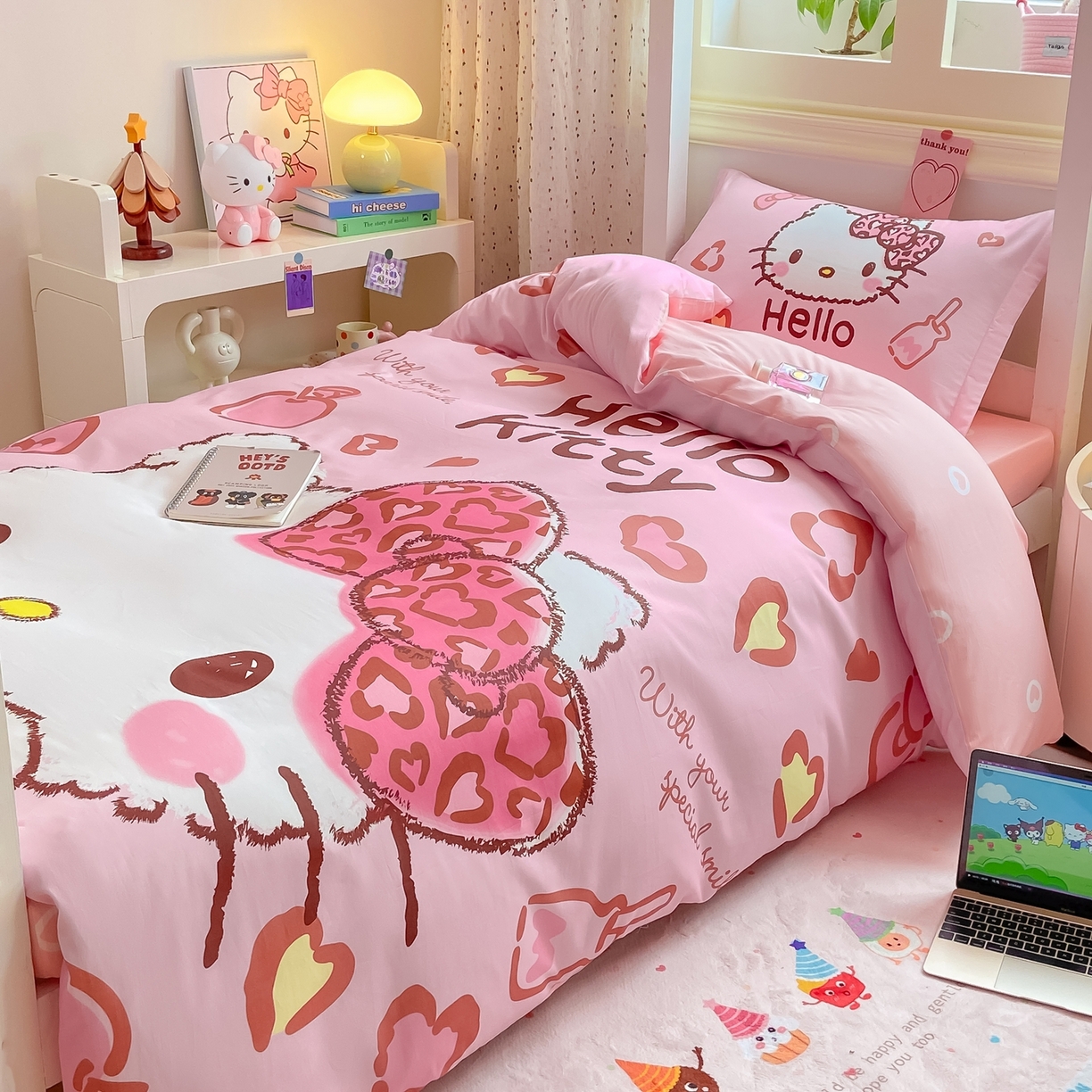 91家纺网 家纺一手货源 找家纺 博雅 2025春夏新款三丽鸥全棉纯棉卡通学生宿舍三件套上下铺三件套-大版【含防伪标】 甜酷KT
