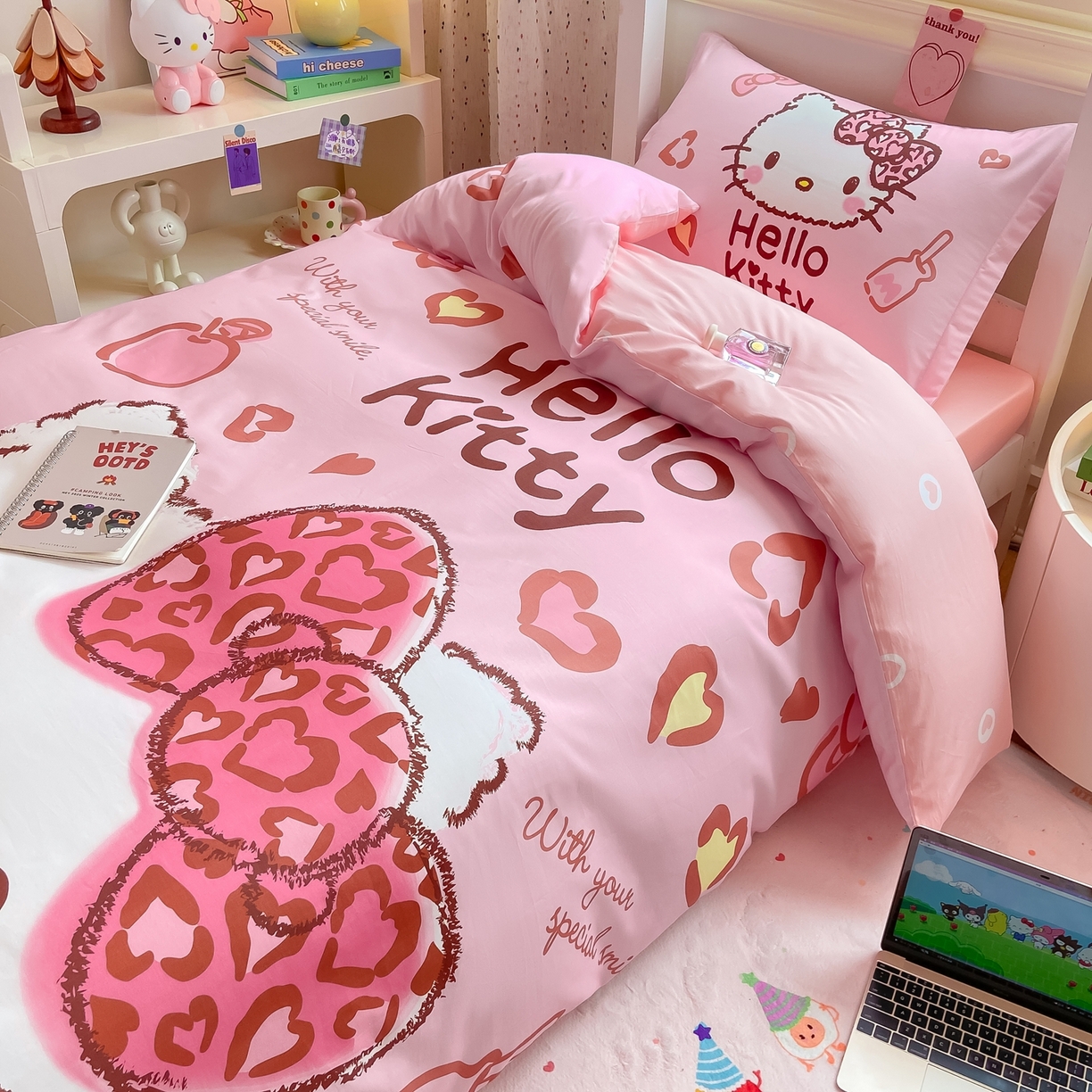91家纺网 家纺一手货源 找家纺 博雅 2025春夏新款三丽鸥全棉纯棉卡通学生宿舍三件套上下铺三件套-大版【含防伪标】 甜酷KT