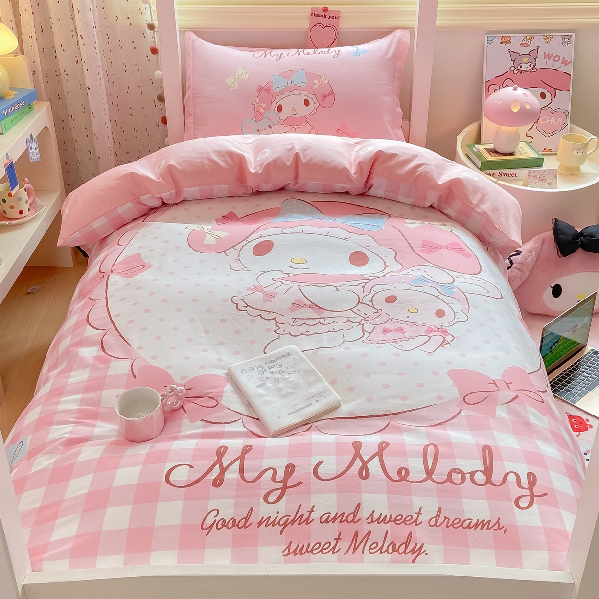 91家纺网 家纺一手货源 找家纺 博雅 2025春夏新款三丽鸥全棉纯棉卡通学生宿舍三件套上下铺三件套-大版【含防伪标】 玩偶美乐蒂