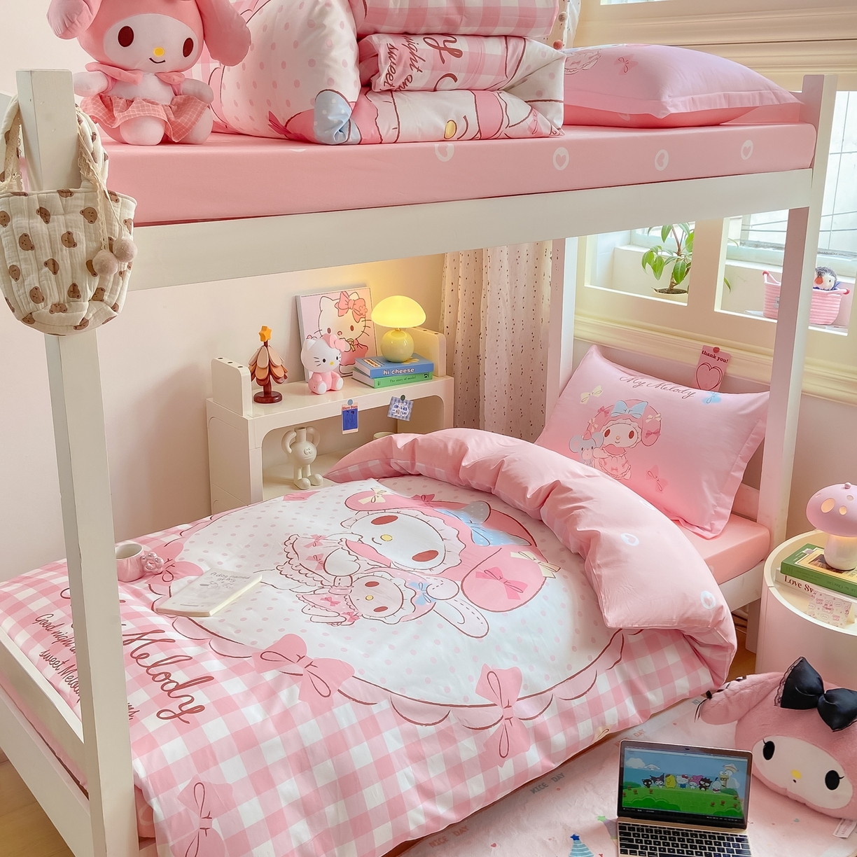 91家纺网 家纺一手货源 找家纺 博雅 2025春夏新款三丽鸥全棉纯棉卡通学生宿舍三件套上下铺三件套-大版【含防伪标】 玩偶美乐蒂