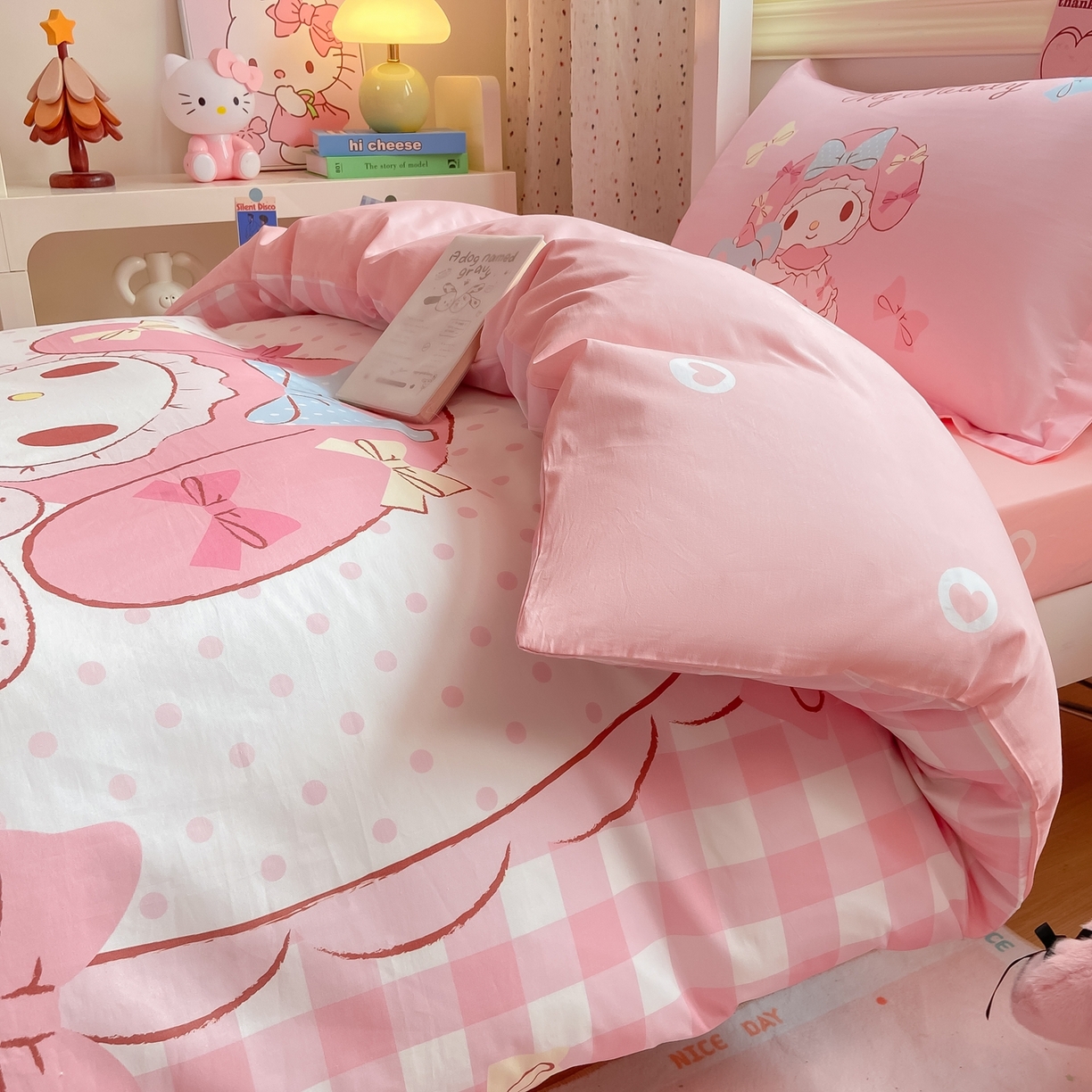 91家纺网 家纺一手货源 找家纺 博雅 2025春夏新款三丽鸥全棉纯棉卡通学生宿舍三件套上下铺三件套-大版【含防伪标】 玩偶美乐蒂