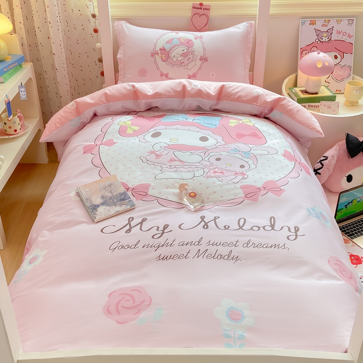 91家纺网 家纺一手货源 找家纺 博雅 2025春夏新款三丽鸥全棉纯棉卡通学生宿舍三件套上下铺三件套-大版【含防伪标】 小花美乐蒂