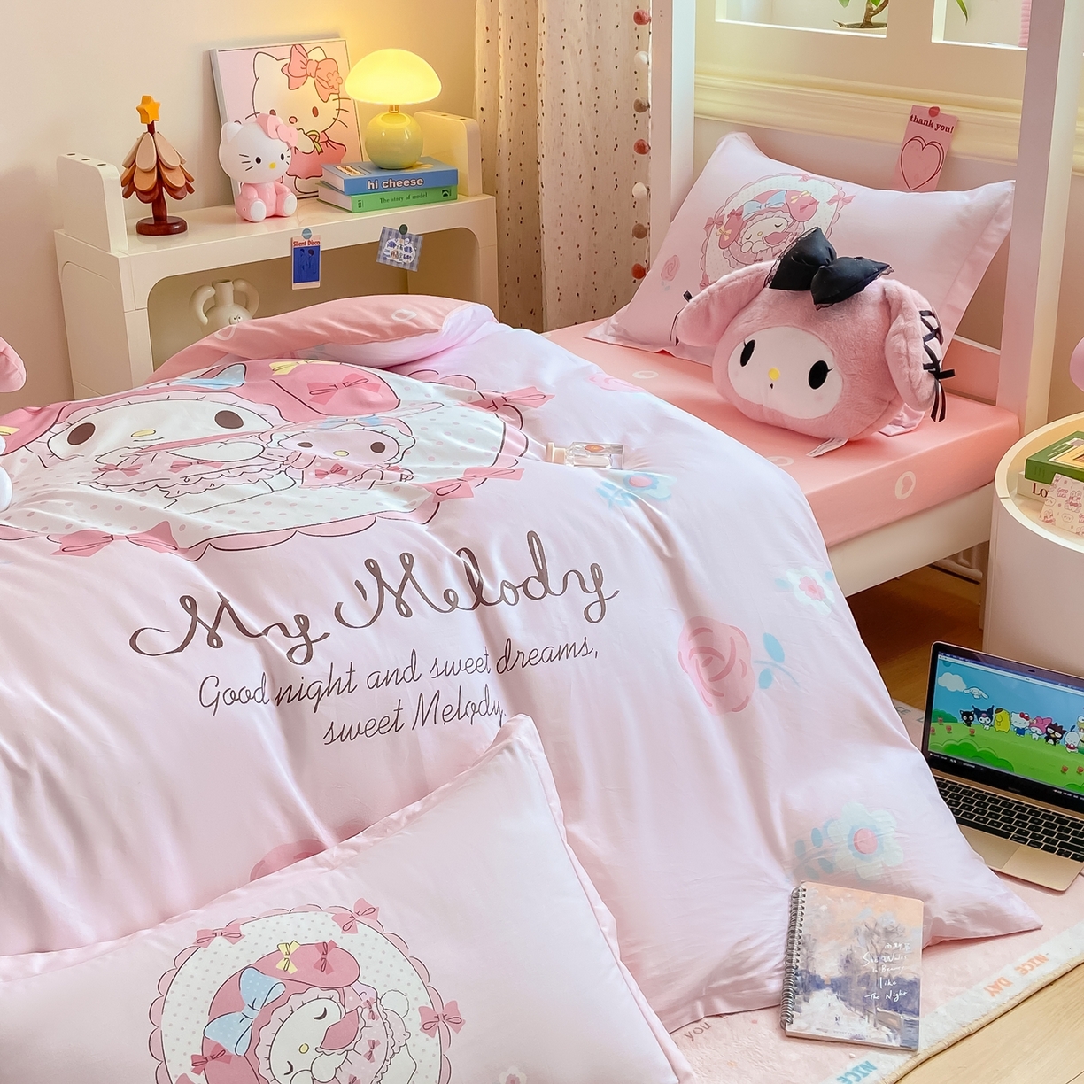 91家纺网 家纺一手货源 找家纺 博雅 2025春夏新款三丽鸥全棉纯棉卡通学生宿舍三件套上下铺三件套-大版【含防伪标】 小花美乐蒂
