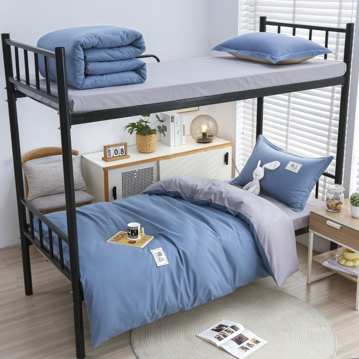 乐旗家纺 2025新款13372全棉床笠款学生宿舍三件套六件套多件套 湖蓝+灰