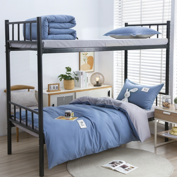 91家纺网 家纺一手货源 找家纺 乐旗家纺 2025新款13372全棉床笠款学生宿舍三件套六件套多件套 湖蓝+灰