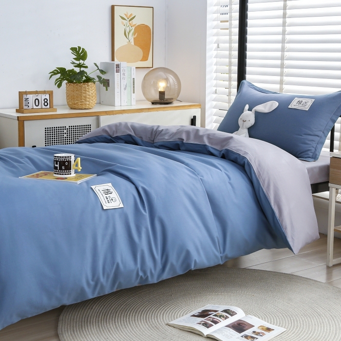 91家纺网 家纺一手货源 找家纺 乐旗家纺 2025新款13372全棉床笠款学生宿舍三件套六件套多件套 湖蓝+灰